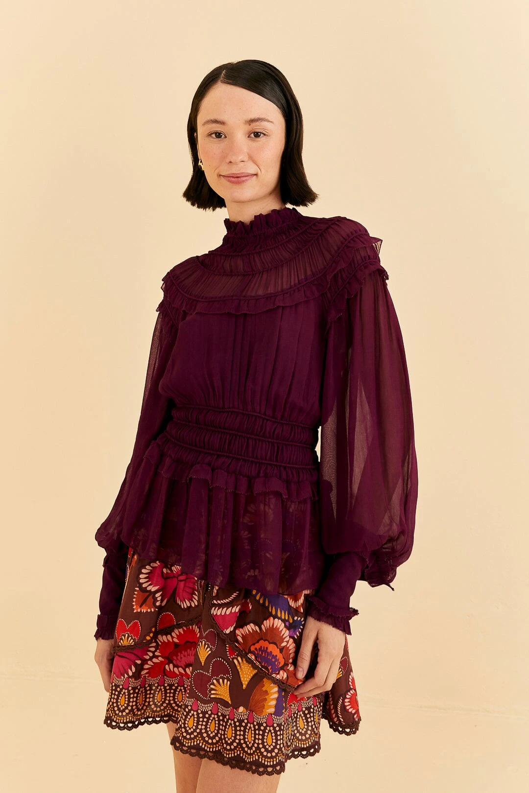 Farm Rio Burgundy Ruffle High Neck Blouse 3 Farm Rio Burgundy Ruffle High Neck Blouse