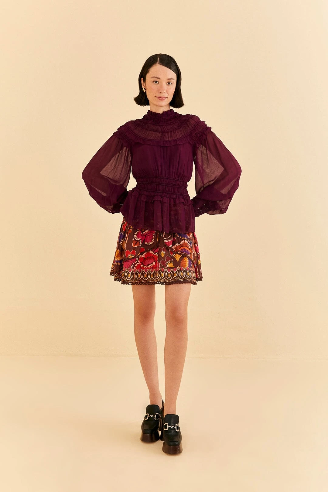 Farm Rio Burgundy Ruffle High Neck Blouse 4 Farm Rio Burgundy Ruffle High Neck Blouse - Image 2