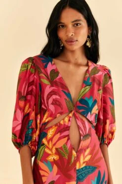 Farm Rio Red Rooster Leaves Short Sleeve Maxi Dress -Farm Rio 316275 03