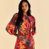 Farm Rio Red Rooster Leaves Long Sleeve Mini Dress