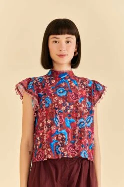 Farm Rio Blush Floral Birds Sleeveless Blouse